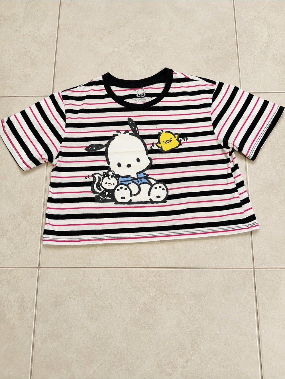 Sanrio Striped Pochacco Graphic Tee — Black, White & Pink S